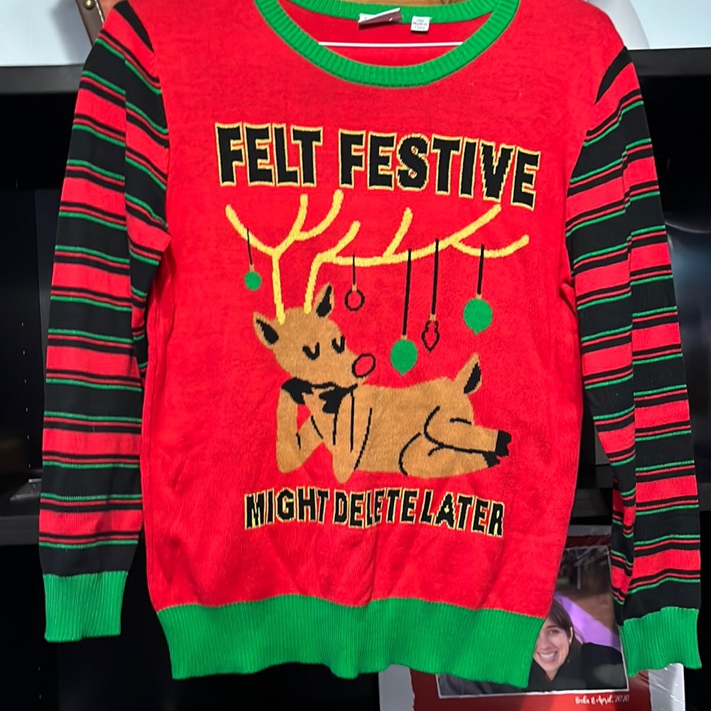 Christmas sweater reindeer- felt festive might delete later